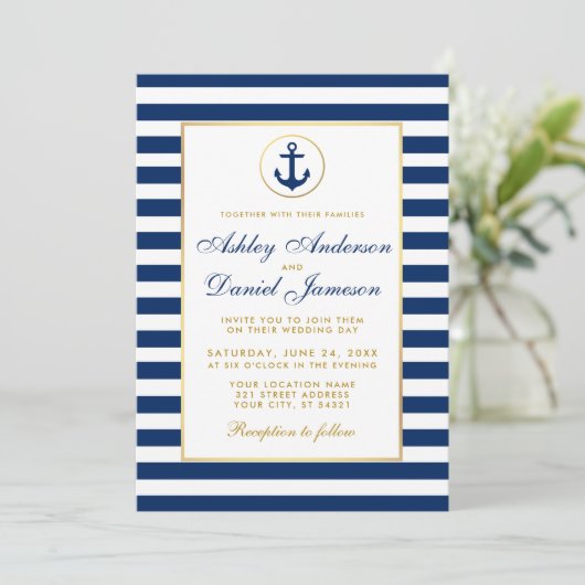 Nautical Wedding Blue Stripes Gold Burlap Invite Kaart (Staand voorkant)