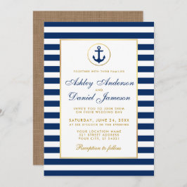 Nautical Wedding Blue Stripes Gold Burlap Invite Kaart