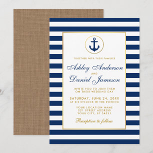 Nautical Wedding Blue Stripes Gold Burlap Invite Kaart
