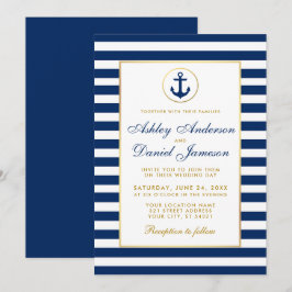 Nautical Wedding Blue Stripes Gold Invitation B Kaart