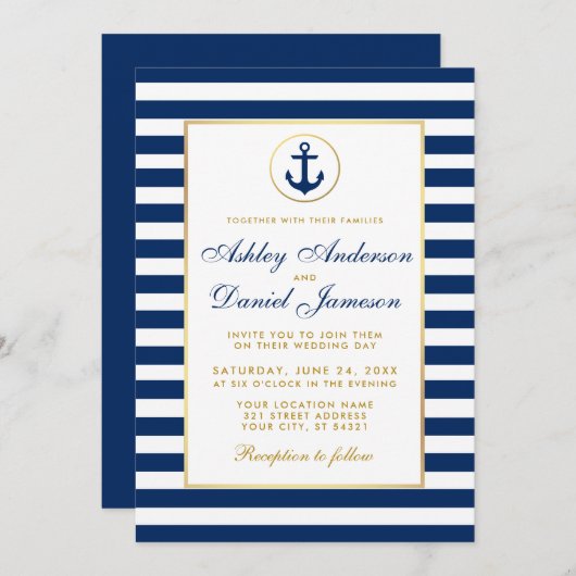 Nautical Wedding Blue Stripes Gold Invitation B Kaart (Voorkant / Achterkant)