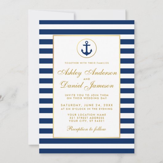 Nautical Wedding Blue Stripes Gold Invitation G Kaart (Voorkant)