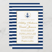 Nautical Wedding Blue Stripes Gold Invitation G Kaart (Voorkant / Achterkant)