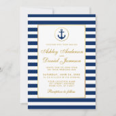 Nautical Wedding Blue Stripes Gold Invitation GB Kaart (Voorkant)
