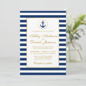 Nautical Wedding Blue Stripes Gold Invitation GB Kaart (Staand voorkant)