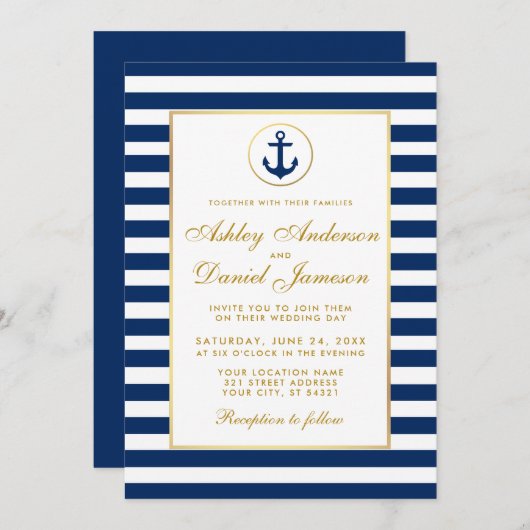 Nautical Wedding Blue Stripes Gold Invitation GB Kaart (Voorkant / Achterkant)