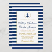 Nautical Wedding Blue Stripes Gold Invitation Kaart (Voorkant / Achterkant)