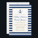 Nautical Wedding Blue Stripes Gold Invitation Kaart<br><div class="desc">Nautical Wedding Blue Stripes Gold Invitation</div>