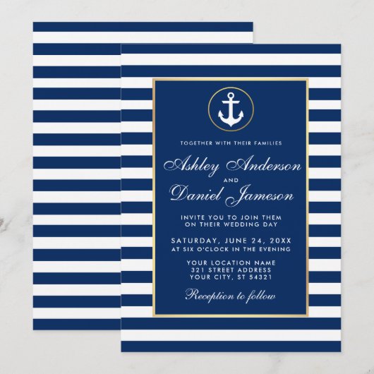 Nautical Wedding Blue Stripes Invitation Kaart (Voorkant / Achterkant)