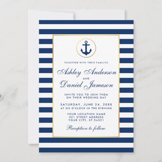 Nautical Wedding Blue Stripes Invitation Kaart (Voorkant)