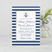 Nautical Wedding Blue Stripes Invitation W Kaart (Staand voorkant)