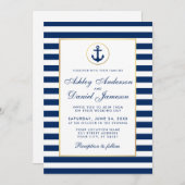 Nautical Wedding Blue Stripes Invitation W Kaart (Voorkant / Achterkant)