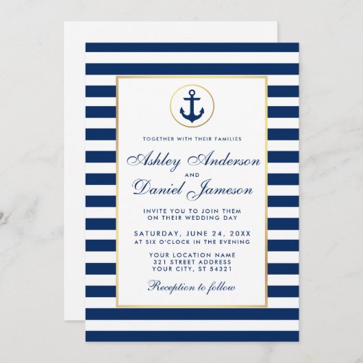 Nautical Wedding Blue Stripes Invitation W Kaart (Voorkant / Achterkant)