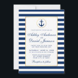 Nautical Wedding Blue Stripes Invitation W Kaart<br><div class="desc">Nautical Wedding Blue Stripes Gold Uitnodiging - White Back - Blue Text</div>