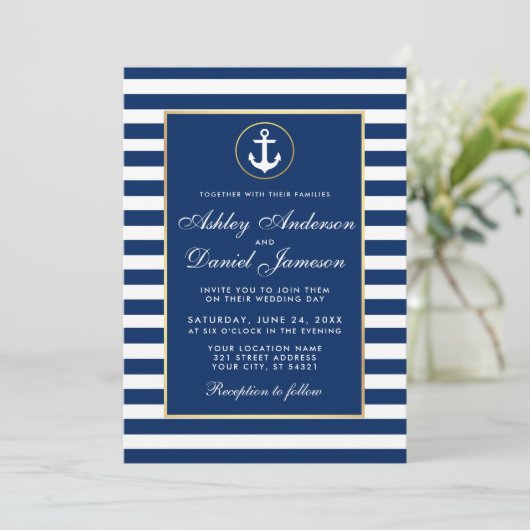 Nautical Wedding Blue Stripes Invite B Kaart (Staand voorkant)