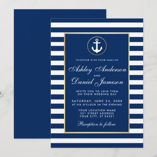 Nautical Wedding Blue Stripes Invite B Kaart (Voorkant / Achterkant)