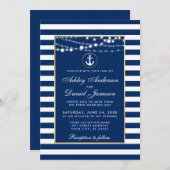 Nautical Wedding Blue Stripes Lights Invite B Kaart (Voorkant / Achterkant)