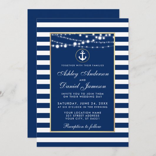 Nautical Wedding Blue Stripes Lights Invite B Kaart (Voorkant / Achterkant)