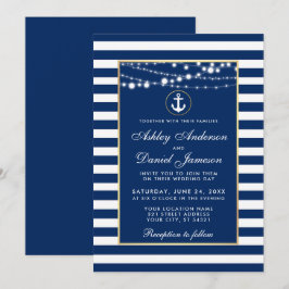 Nautical Wedding Blue Stripes Lights Invite B Kaart