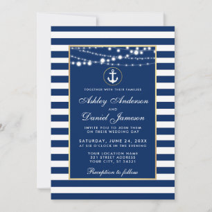 Nautical Wedding Blue Stripes Lights Uitnodiging