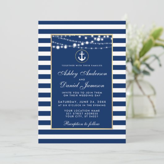 Nautical Wedding Blue Stripes Lights Uitnodiging (Staand voorkant)