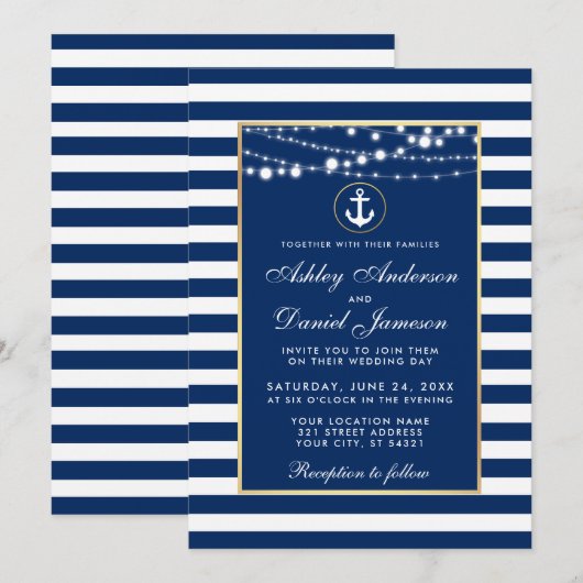 Nautical Wedding Blue Stripes Lights Uitnodiging (Voorkant / Achterkant)