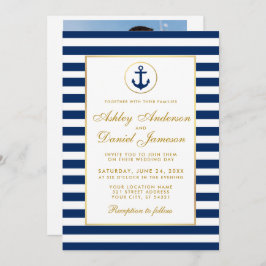 Nautical Wedding Blue Stripes nodigt G Foto terug  Kaart