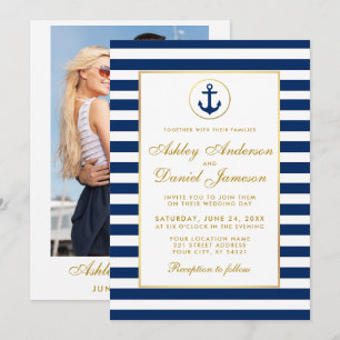 Nautical Wedding Blue Stripes nodigt G Foto terug  Kaart
