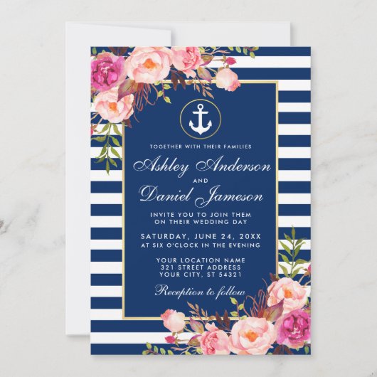Nautical Wedding Blue Stripes Pink Floral Invite B Kaart (Voorkant)