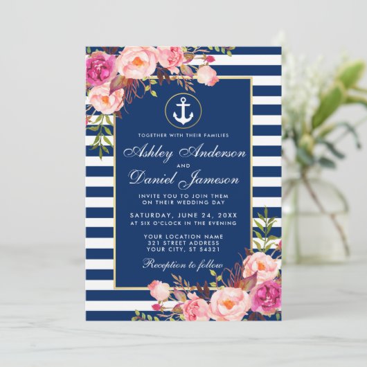 Nautical Wedding Blue Stripes Pink Floral Invite B Kaart (Staand voorkant)