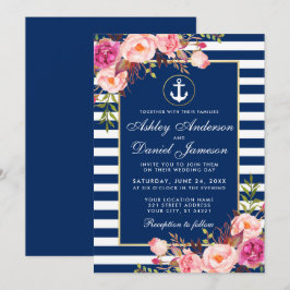 Nautical Wedding Blue Stripes Pink Floral Invite B Kaart