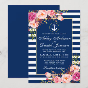 Nautical Wedding Blue Stripes Pink Floral Invite B Kaart