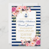 Nautical Wedding Blue Stripes Pink Floral Invite B Kaart (Voorkant)