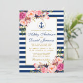 Nautical Wedding Blue Stripes Pink Floral Invite B Kaart (Staand voorkant)