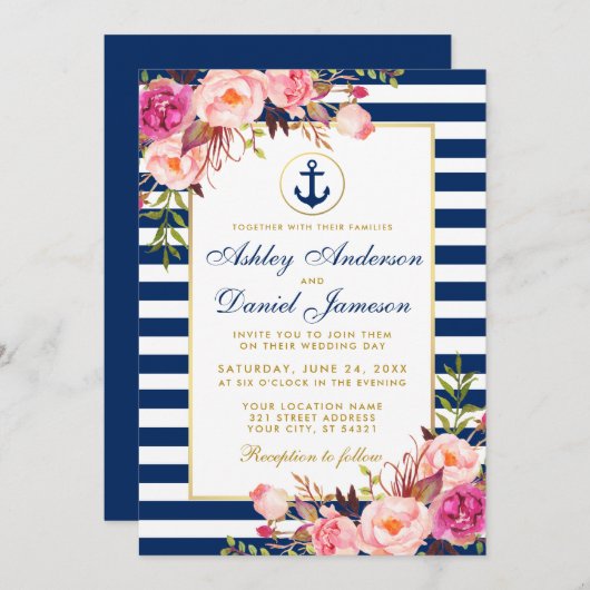 Nautical Wedding Blue Stripes Pink Floral Invite B Kaart (Voorkant / Achterkant)
