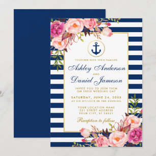 Nautical Wedding Blue Stripes Pink Floral Invite B Kaart