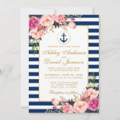 Nautical Wedding Blue Stripes Pink Floral Invite G Kaart (Voorkant)