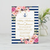 Nautical Wedding Blue Stripes Pink Floral Invite G Kaart (Staand voorkant)