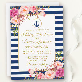 Nautical Wedding Blue Stripes Pink Floral Invite G Kaart