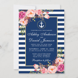 Nautical Wedding Blue Stripes Pink Floral Invite Kaart