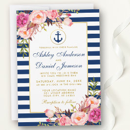 Nautical Wedding Blue Stripes Pink Floral Invite Kaart