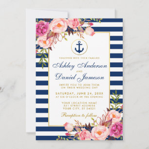 Nautical Wedding Blue Stripes Pink Floral Invite W Kaart