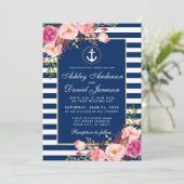 Nautical Wedding Blue Stripes Pink Floral Invite W Kaart (Staand voorkant)