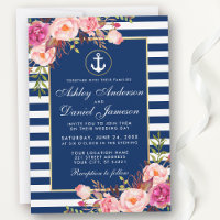 Nautical Wedding Blue Stripes Pink Floral Invite W