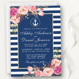 Nautical Wedding Blue Stripes Pink Floral Invite W Kaart