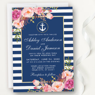 Nautical Wedding Blue Stripes Pink Floral Invite W Kaart