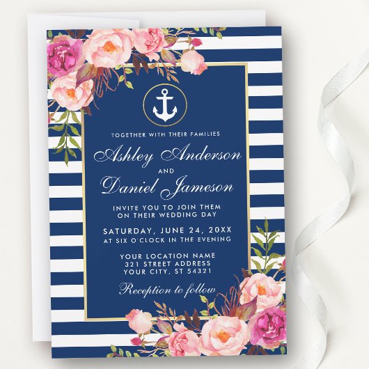 Nautical Wedding Blue Stripes Pink Floral Invite W Kaart
