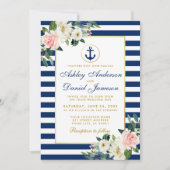 Nautical Wedding Blue Stripes White Pink Floral Kaart (Voorkant)