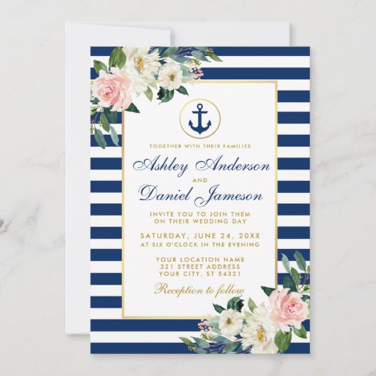Nautical Wedding Blue Stripes White Pink Floral Kaart (Voorkant)
