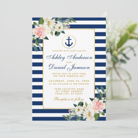 Nautical Wedding Blue Stripes White Pink Floral Kaart (Staand voorkant)